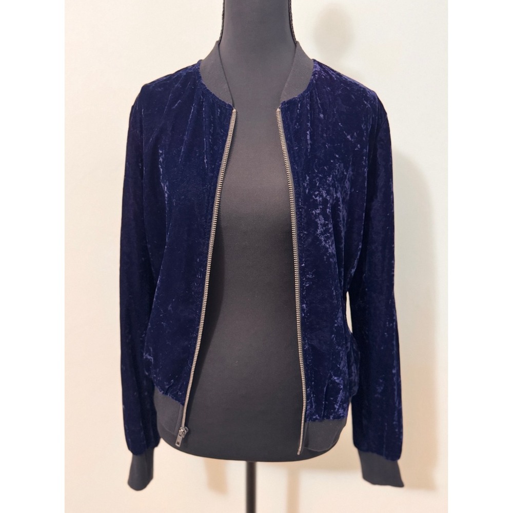 Ella Moss Women's Cropped Blue Velvet Zip Long Sleeve Bomber Jacket Coat Small